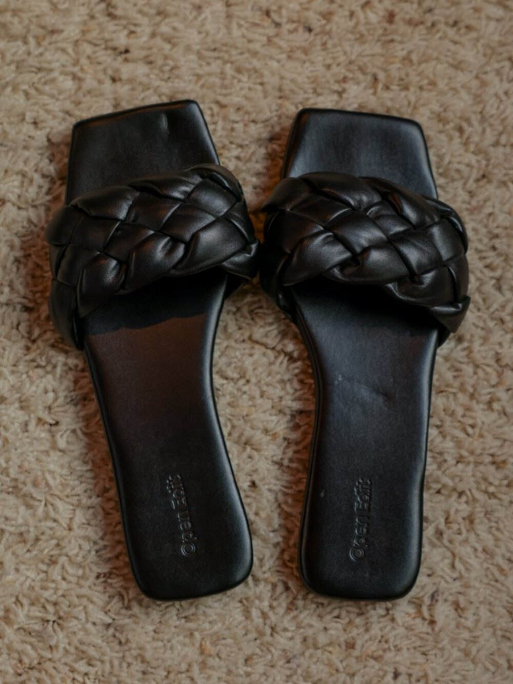 Open Edit Black Braided Woven Square Toe Slide Sandals | Size 8